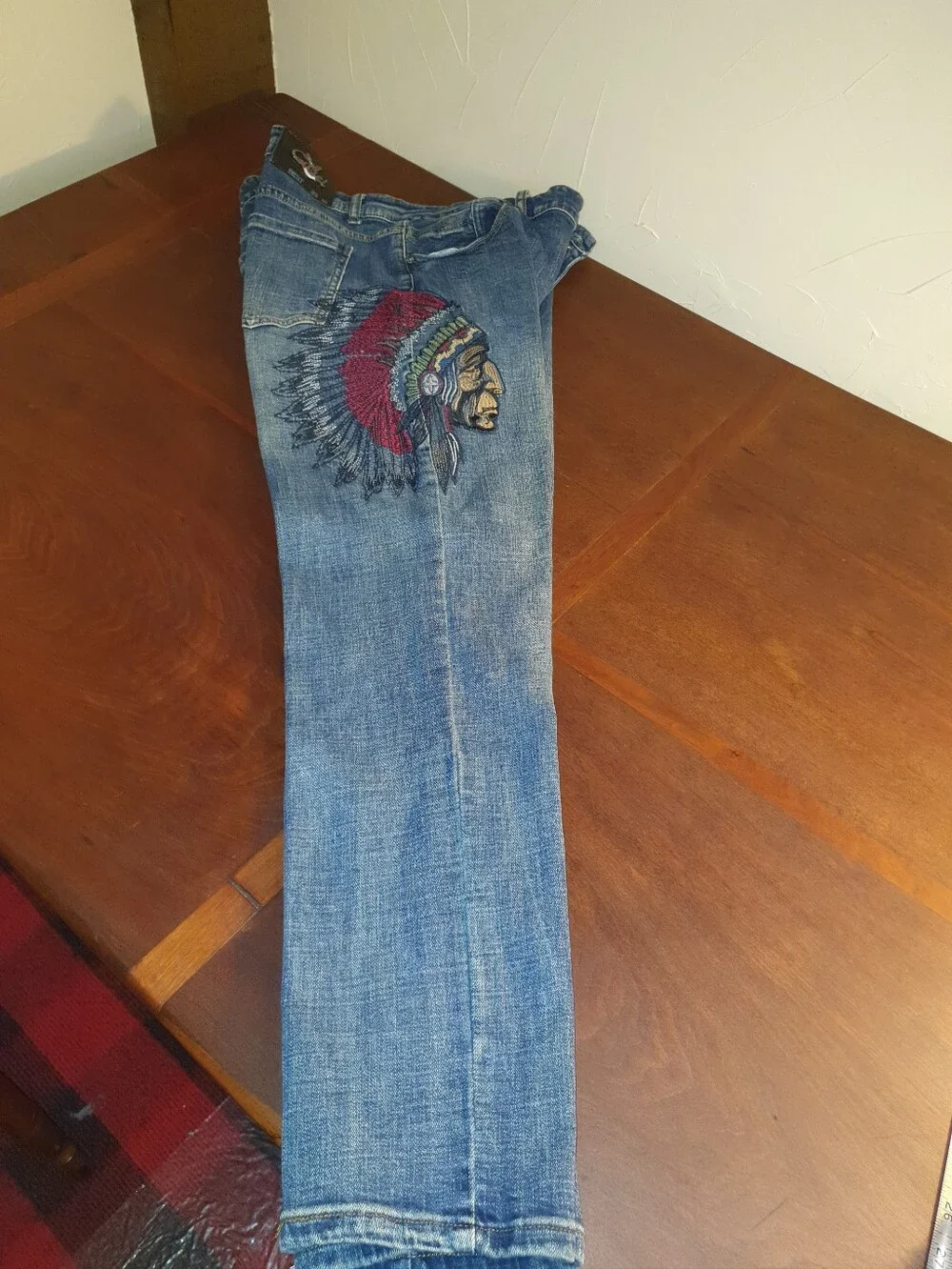 Embroidered Blue Denim Men's Jeans with Native Headdress Detail